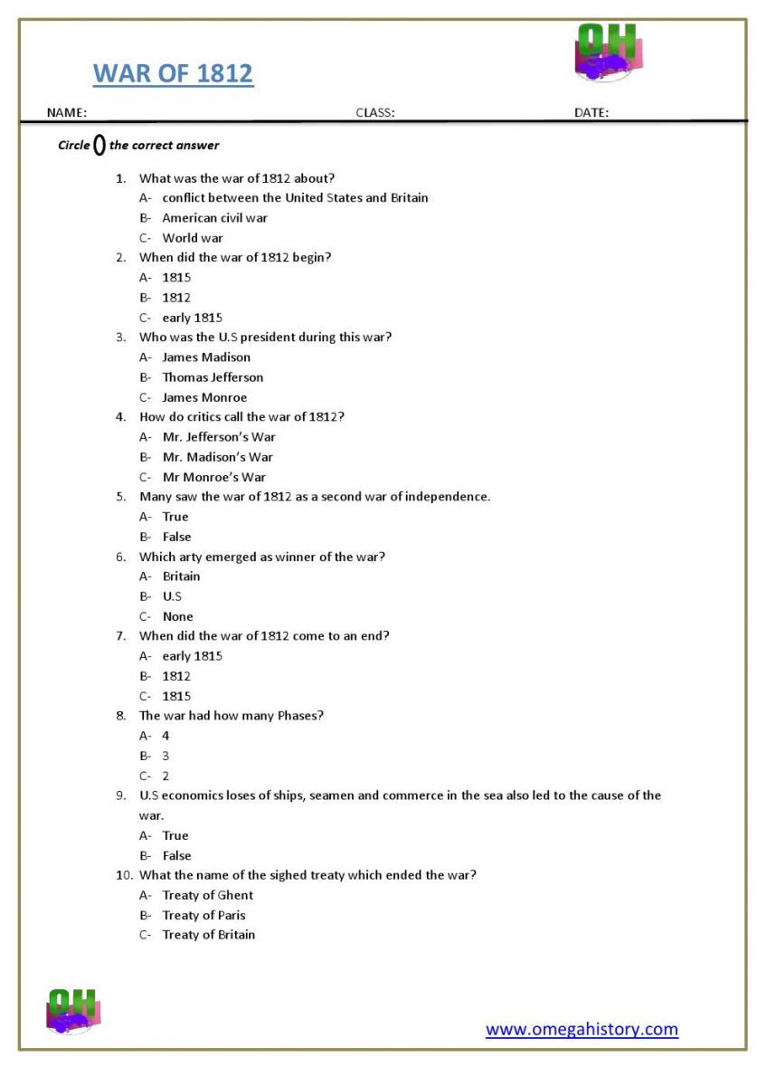 The war of 1812 history - free printable PDF worksheet for ...