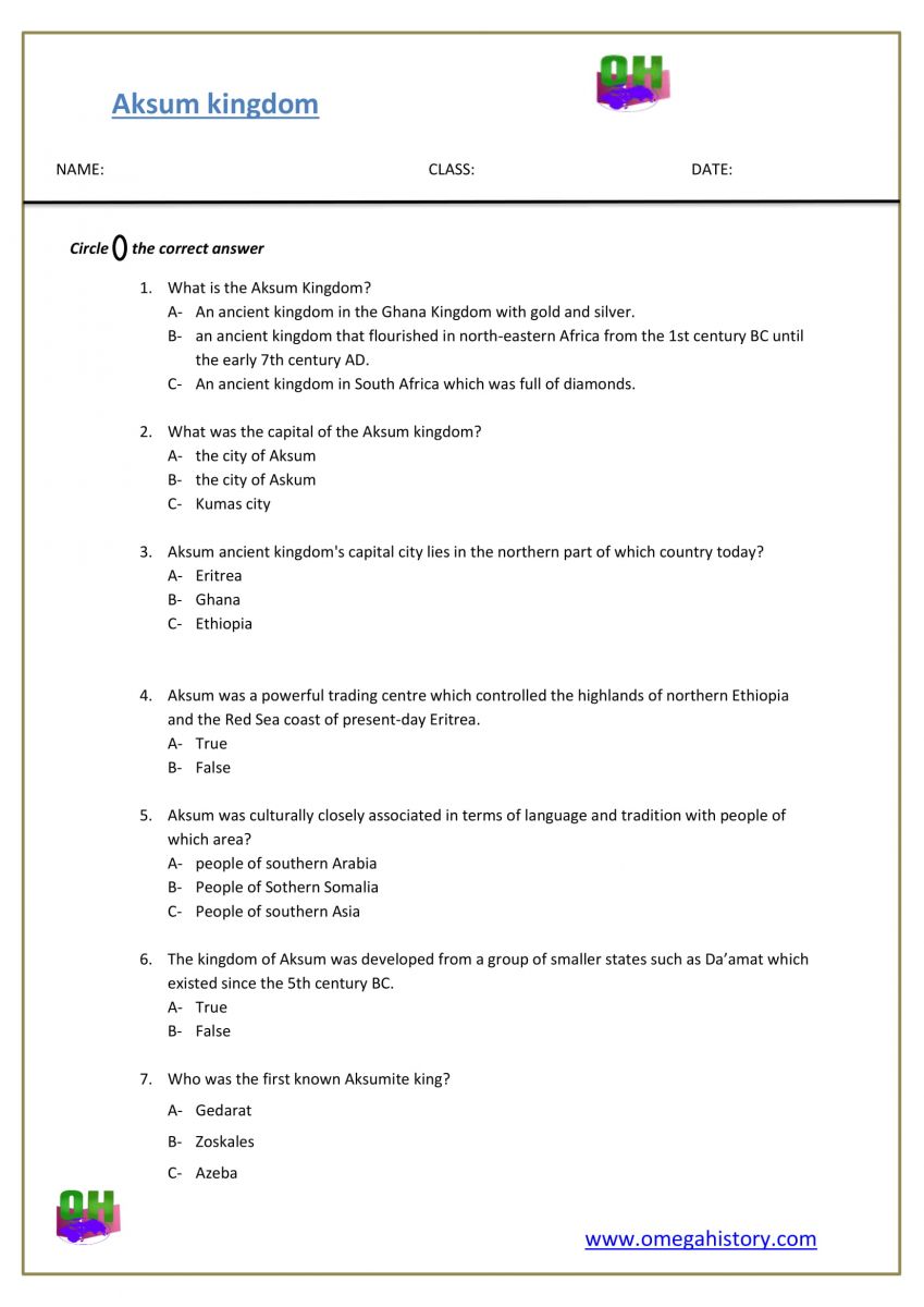 the kingdom of Aksum history worksheet answers pdf
