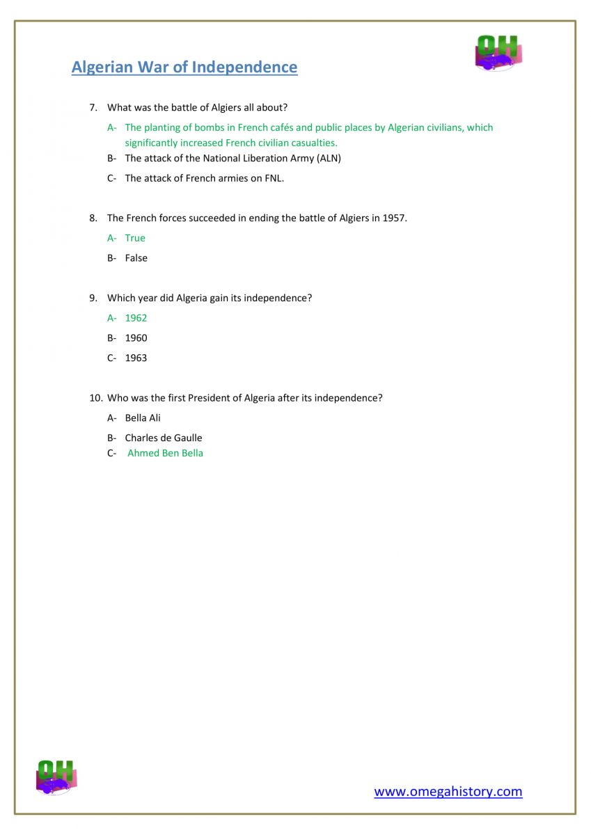 Algerian War of Independence history answers pdf 