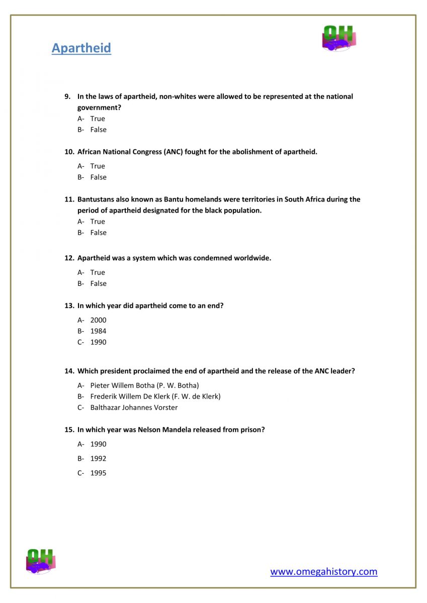 Apartheid in south Africa worksheet  questions and answers pdf