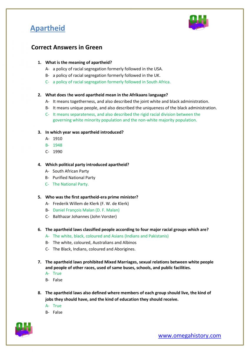 Apartheid in south Africa worksheet answers pdf 