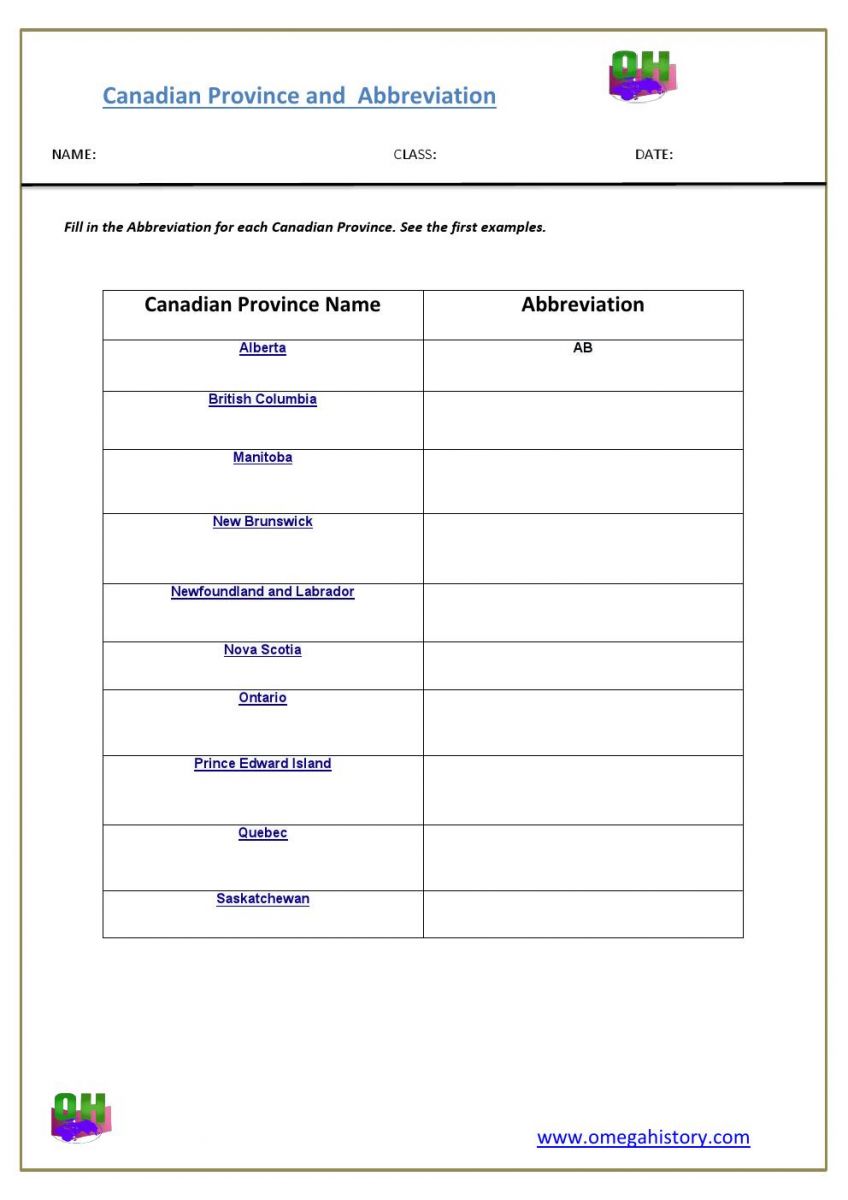 abbreviation of provinces in canada- exercise worksheet