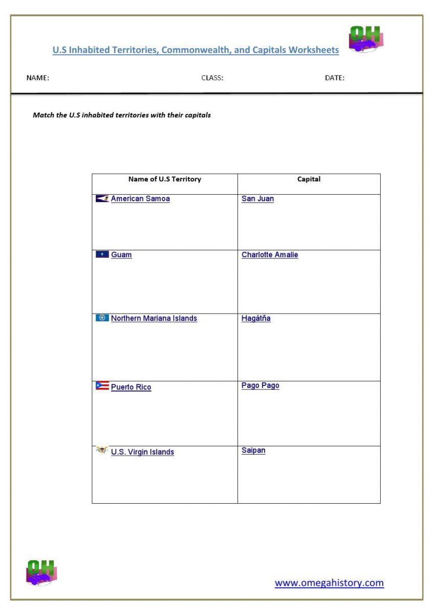 list of U.S and commonwealth territoritories and capitals kids worksheets image