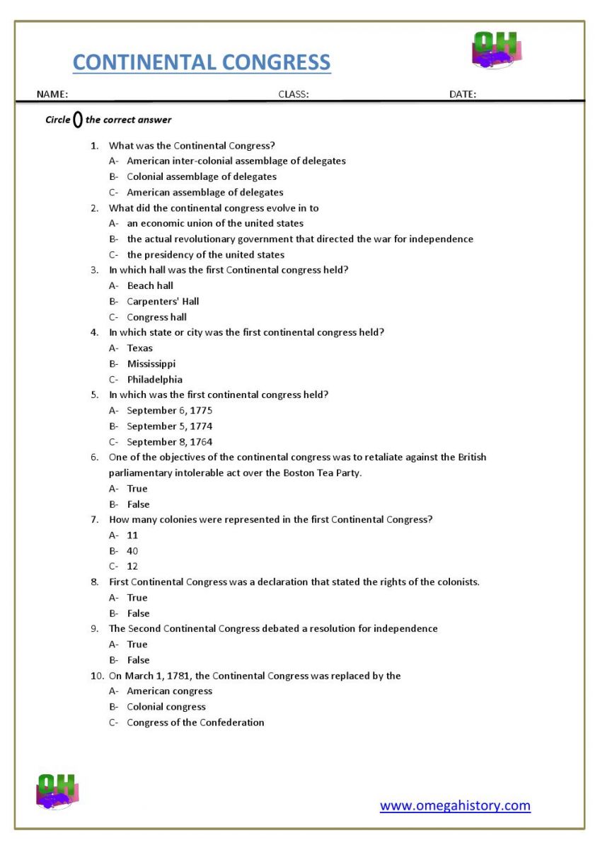 the united states continental congress worksheet