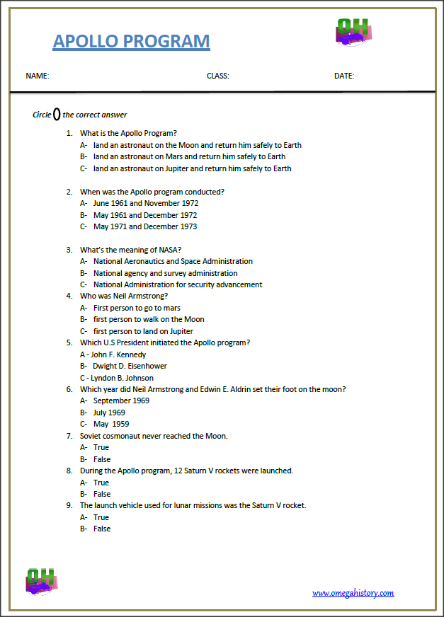 Printable pdf worksheet on Apollo program