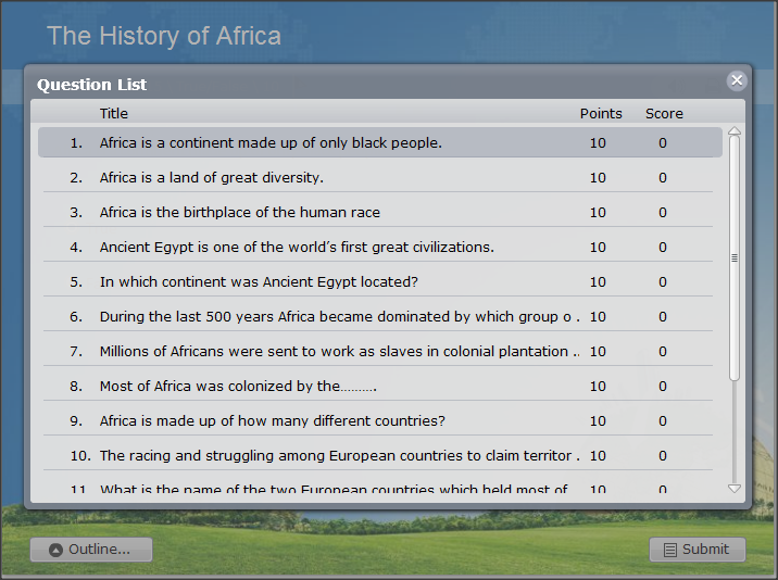 Interactive quiz on African history for kids learning. This page is made up of the learning quiz about the history of Africa in one quiz.. This quiz is made up of several questions which are suitable for kids learning. 