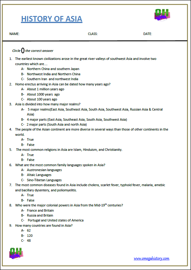 Key Points about Asian History- Free printable student worksheets PDF