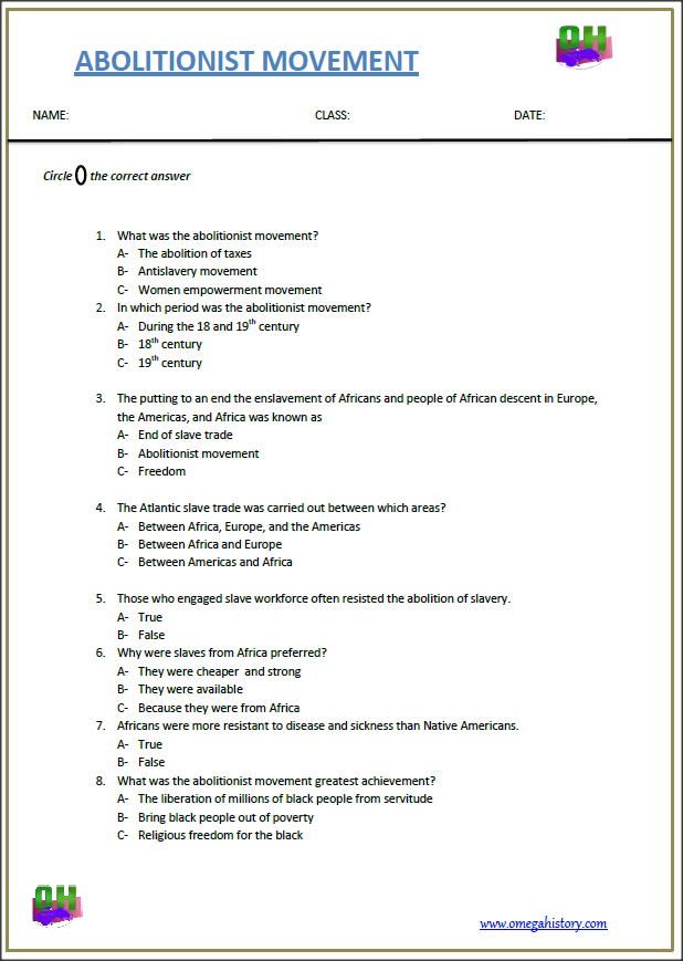 The Abolitionist Movement Facts Printable Worksheet For Students-PDF