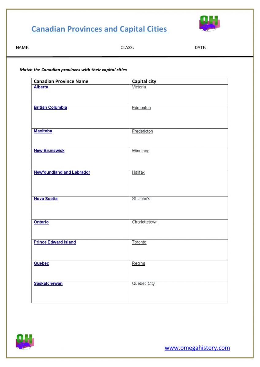 canadian provinces and capitals worksheet